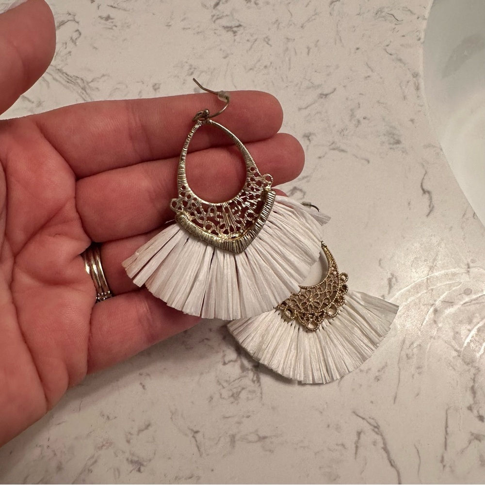 White and Gold Drop Fringe Earrings - Picture 3 of 3